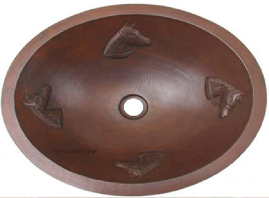 artisan oval copper bathroom sink decorated with a horse