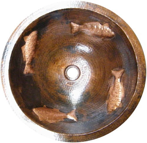 round copper bathroom sink fish design